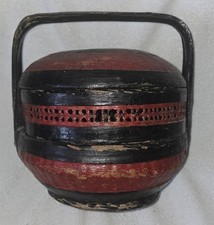 Ancien panier de mariage japonais laqué bambou 2 niveaux avec couvercle 