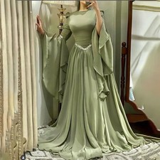 Modest Crepe Evening Dress Pleats Puff Long Sleeve Floor Length Prom Dresses