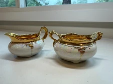 Vintage Gold and Pearl Sugar Bowl and Creamer Fraunfelter China Company of Ohio