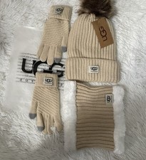 3 PCs SET Knit Winter Beanie, Glove, Neck Warmer Scarf Ugg Women