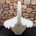 Vintage FENTON Milk Glass Hobnail Handled Basket Ruffled Crimped Edge Candy Dish
