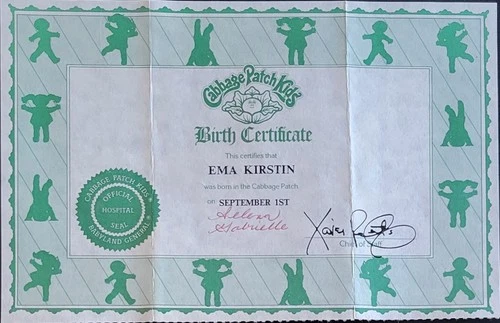Vintage Cabbage Patch Kids Birth Certificate Girl ~ Ema Kirstin ~ Coleco 1980's