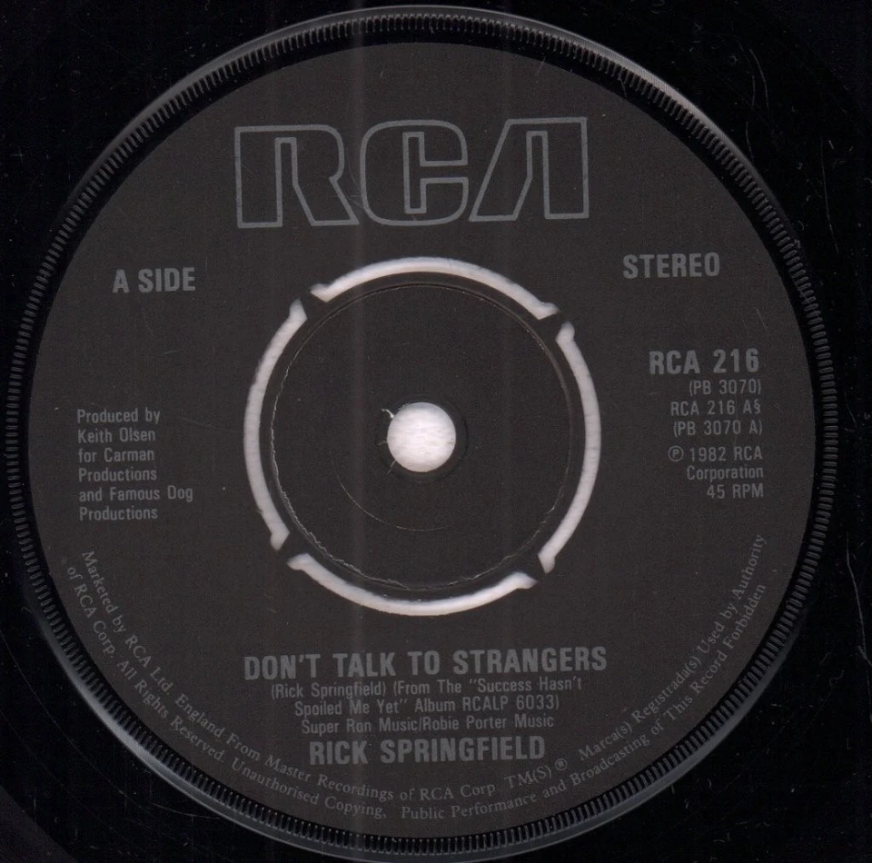 Rick Springfield Don't Talk To Strangers 7" vinyl UK Rca 1982 pic sleeve - has - Image 3 of 3