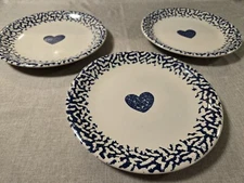 Set Of 3 TIENSHAN Folk Craft Hearts 10" Dinner Plates Navy Blue Sponge Paint