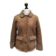 D918 WOMEN'S LANDS' END BROWN BUTTON FAUX FUR JACKET UK S 8 EU 36