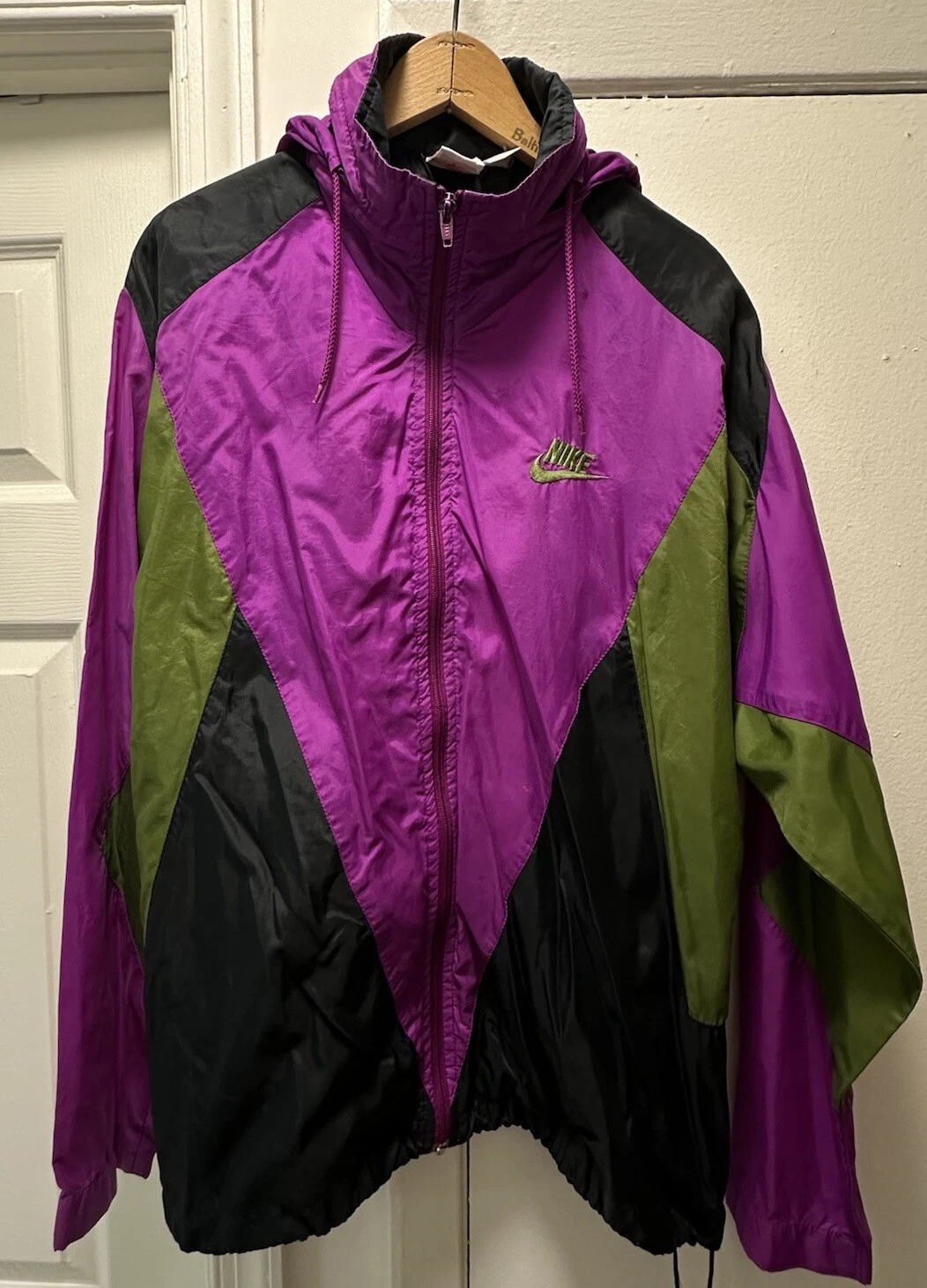 Vintage Nike Colorblock Green Full Zip Windbreaker Jacket White Tag Hood Large