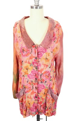 URU Art to Wear Floral Crinkle Portrait Collar Long Sleeve Tunic Top One Size