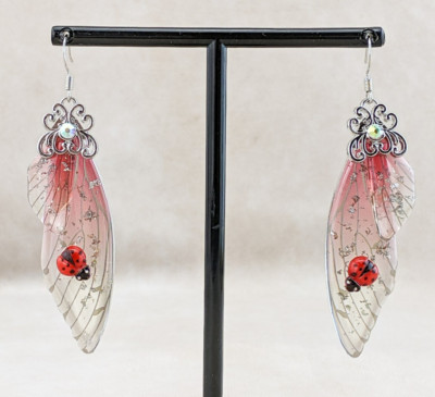 Cicada wing earrings w ladybug insect charm jewelry Fashion Dangle Majenta gift