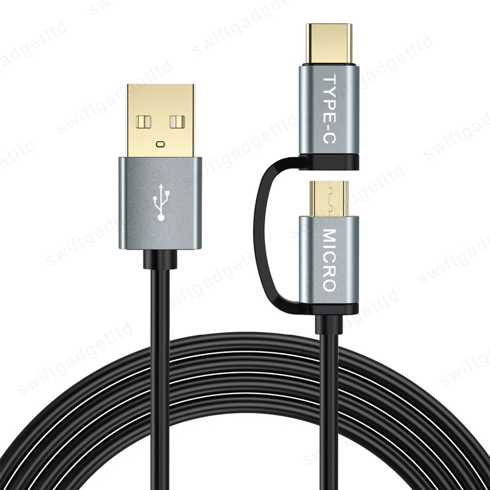 2in1 USB Type C Micro USB Cable 1M 2M Fast Charge USB-C Phone Charger Cable Lead - Image 2 of 4