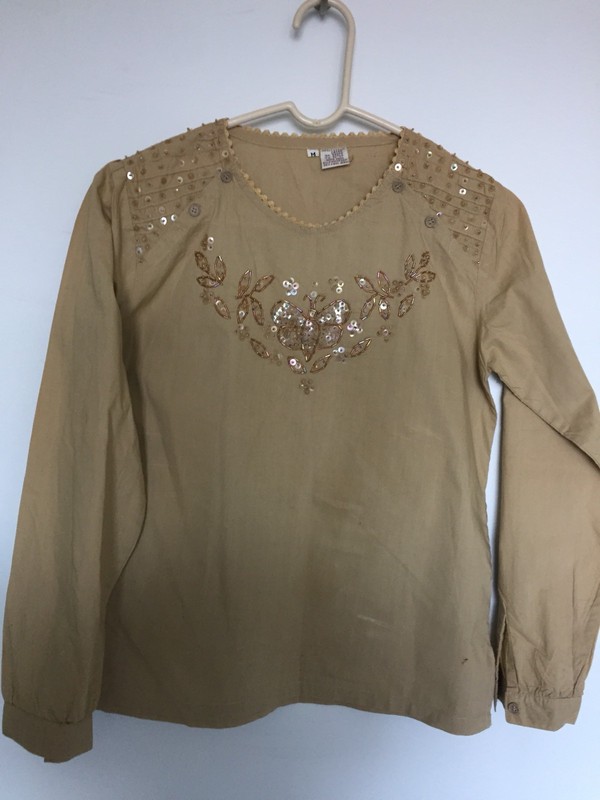 New Beige Tan Khaki 100% cotton Long Sleeve top Blouse Hand sequin Embroidery  M