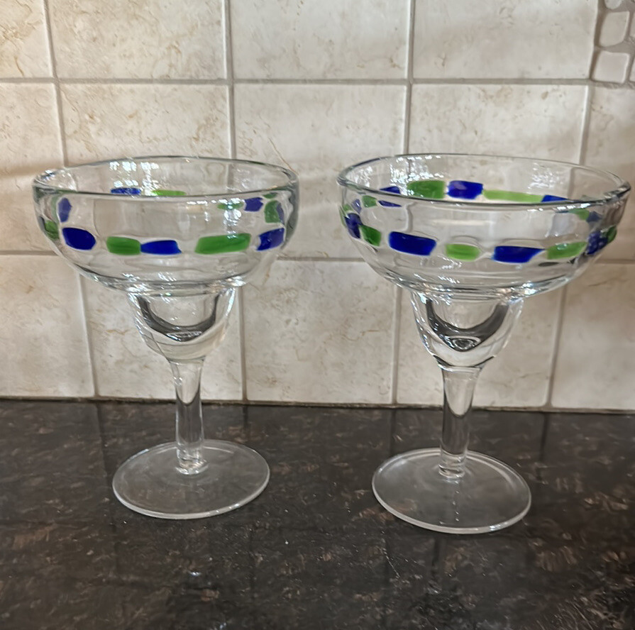Margarita Hand Blown Drinking Glasses With A Green & Blue Trim