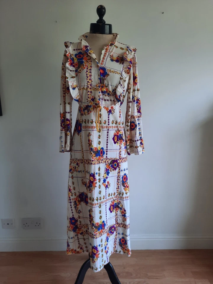 Maxi Vestido Vintage Años 60 Años 70 Naranja Azul Patrón Floral Retro Talla 10-12 Cuello Mc Foto 3 de 4
