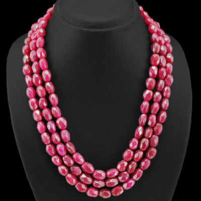 724.00 CTS NATURAL OVAL ENHANCED RUBY 3 STRAND BEADS NECKLACE Gift For Her