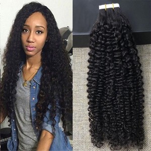 18 Kinky Curly 20pcs Seamless Tape In Remy Pu Skin Weft Hair
