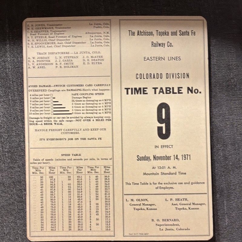 1971 Santa Fe Railway Colorado Division Employee Timetable #9 AT&SF Eastern 