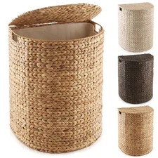 Half Moon Laundry Hamper Clothes Basket with Lid & Liner, Woven Hyacinth Wicker
