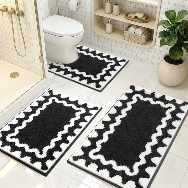Badematte Set 3-Teilig Rutschfest Waschbar Badteppich Schwarz Badezimmer-image
