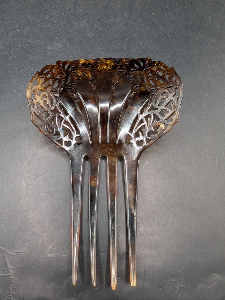 Peine de pelo grande vintage victoriano ornamentado imitación caparazón de tortuga  Foto 4 de 4