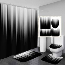 4 Piece Black and Grey Shower Curtain Set White Gray Silver Ombre Mens Cool G...
