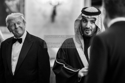 PRESIDENT DONALD TRUMP AND CROWN PRINCE SAUDIA ARABIA B&W 4X6 POSTCARD PHOTO