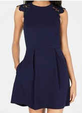 NWT Speechless Navy Blue Fit & Flare Dress Lace Detail on Cap Sleeve L Large