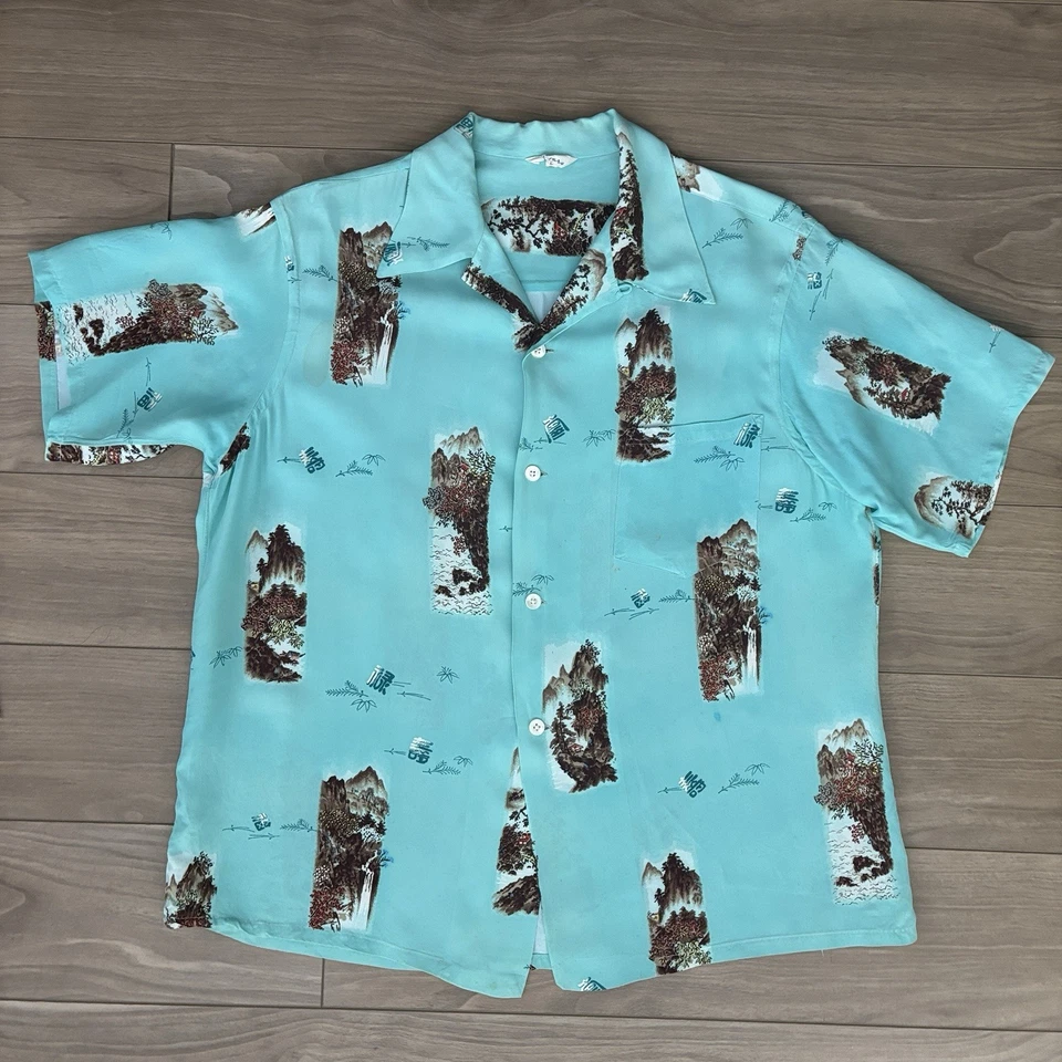 Vintage 1940s Japan Rayon Aloha Hawaiian Scenic Shirt Asian Loop Collar XL - Image 3 of 4
