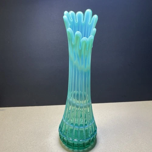 Fenton Waffle Green Opalescent Swung Vase Glows 12 Inch 1960