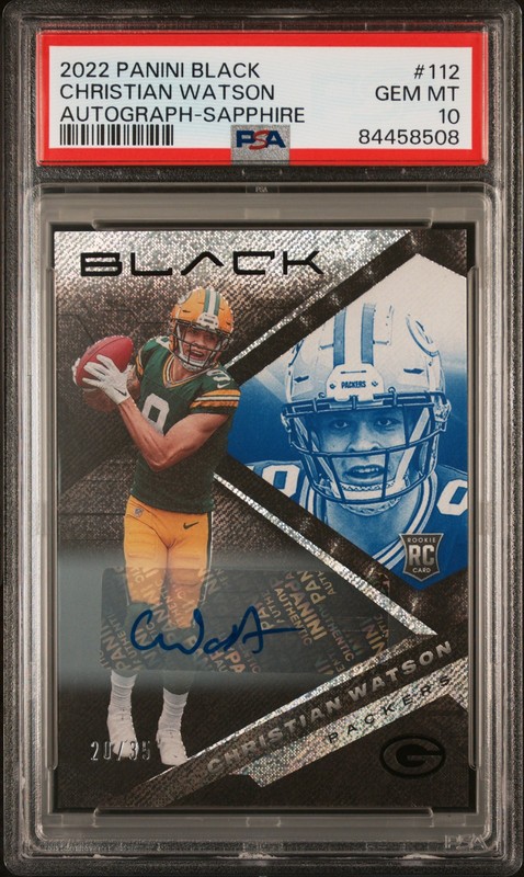 2022 Panini Black Christian Watson RC Auto Sapphire #/35 #112 PSA 10 Pop 2!