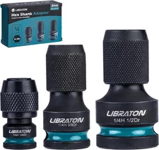 LIBRATON Impact to 1/4 Hex Converter, 1/2 3/8 1/4-INCH Drive Female One Size