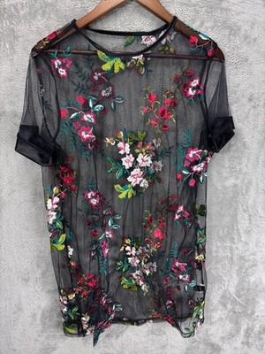 Shien Womens Sheer Tulle Floral Embroidered Kimono Pullover XL Whimsigoth Witchy