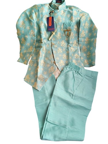 Boys Turquoise And Gold Sherwani 3-Piece Suit Size 6/7 With Pocket Brooch - Picture 4 of 7