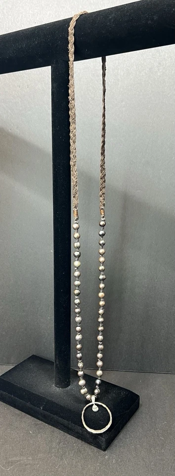 Tahitian Baroque Black Multicolor Pearl Leather Necklace 925 Abalone Pendant 34” - Image 3 of 4