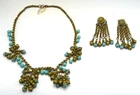 1920s Miriam Haskell-Style Turquoise Glass Brass Necklace + Earring Set - 02