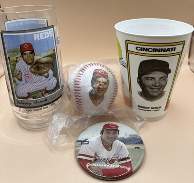 Vtg Johnny Bench MLB HOF Cincinnati Reds Lot New Fotoball Glass 7-11 Cup  78 Pin