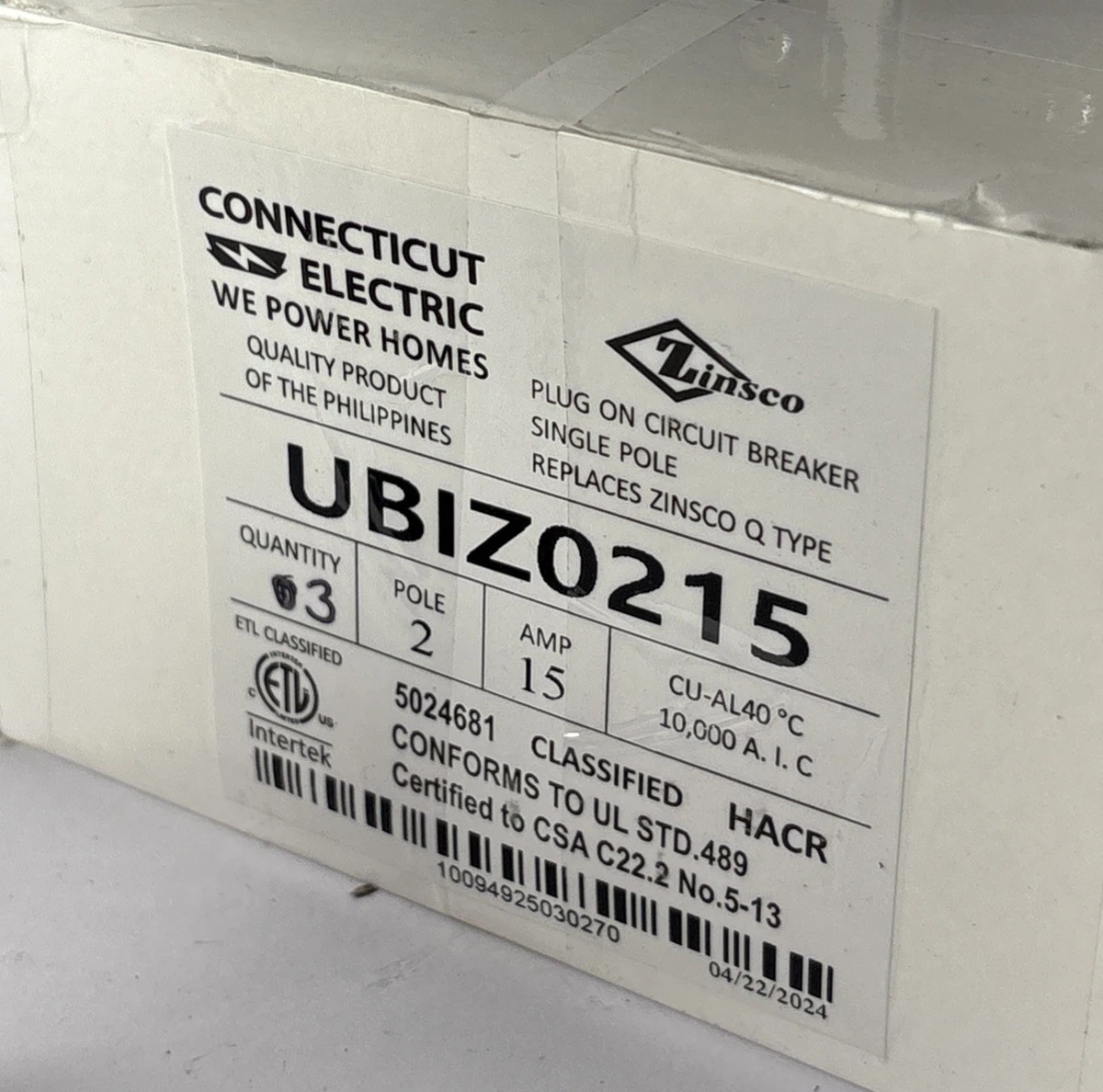 3x Connecticut Electric UBIZQ215 15 Amp 2 Pole Zinsco Q Type Replacement photo 3