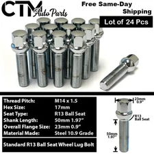 24x Chrome 14x1.5 Ball Seat Lug Bolt 50mm Shank | Mercedes Sprinter Alloy Wheel