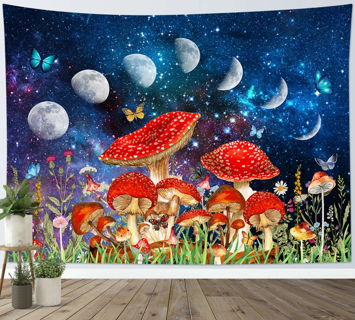 Moon Phase Starry Sky Mushroom Plant Tapestry Wall Hanging Bedspread Home Decor
