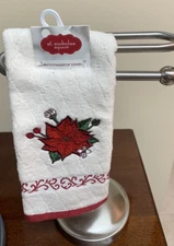 New St. Nicholas Square Fingertip Towel Embroidered Red Poinsettia Christmas