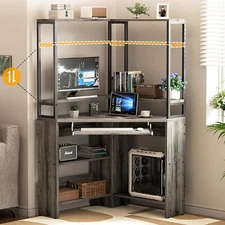 Triangle Corner Computer Desk with Keyboard Tray & Hutch & LED Lights & Outlets