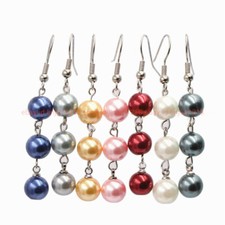 Multi-color 8mm Shell Pearl Round Beaded Dangle Silver Hook Earrings