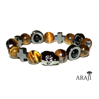 Men's Stretch Bracelet Crystal Swarovski Skull Onyx Tiger 's Eye & Hematite