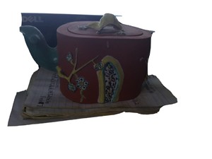 ANTIQUE CHINESE CRABSTOCK YIXING ZISHA ENAMELED W/PRUNUS FLOWERS CLAY TEAPOT