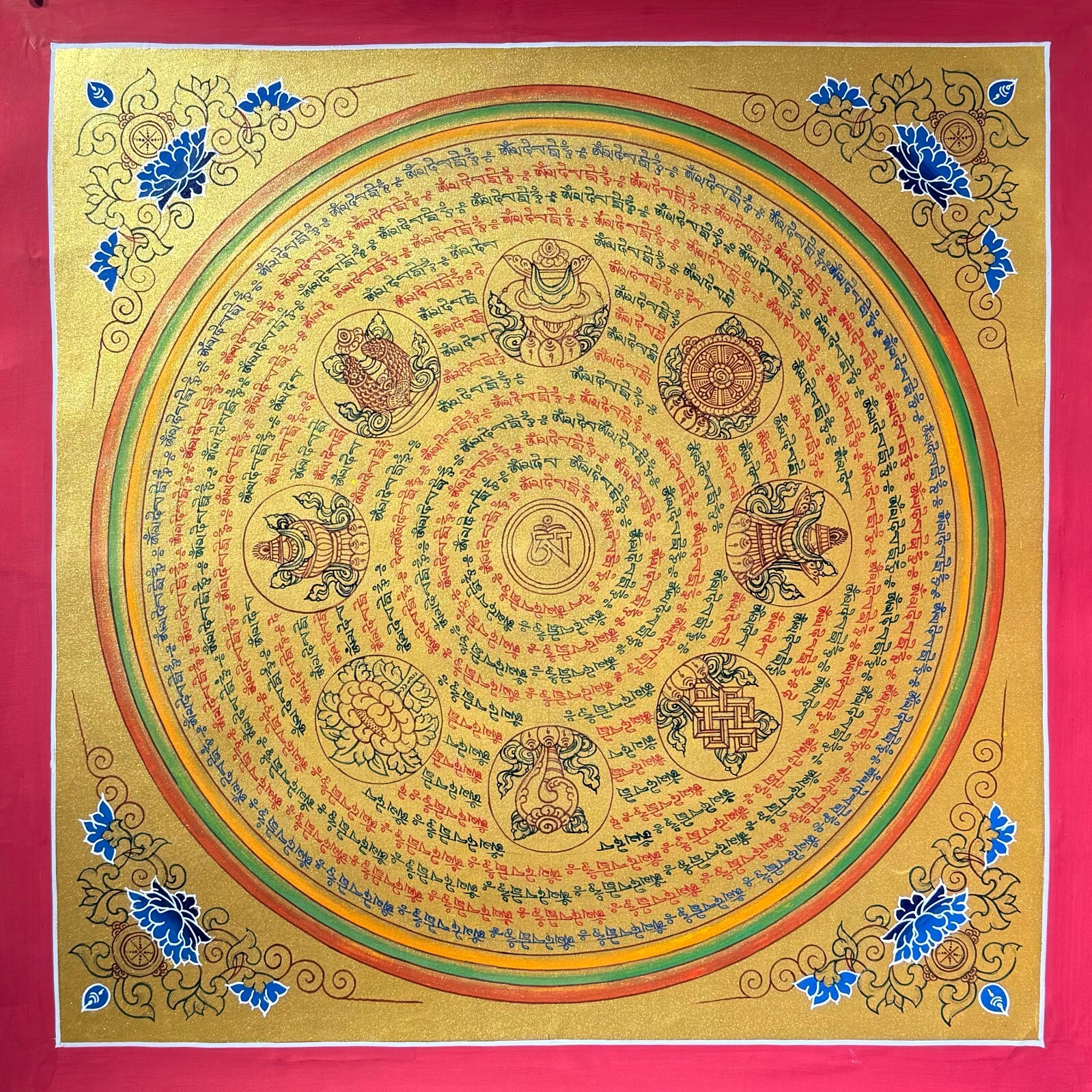 Full Gold Auspicious Mantra Mandala Thangka Painting on Cotton Canvas