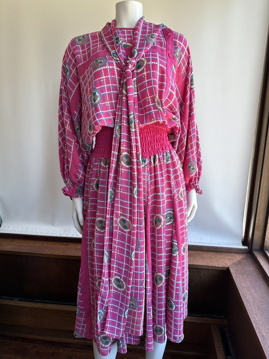 Vintage 80s Diane Fres Pink Print Dress Sz 6 8 Polyester Georgette Button  Top