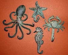 (4) Sea Life Collection Bronze-look,metal Wall Hooks Octopus Starfish Crab