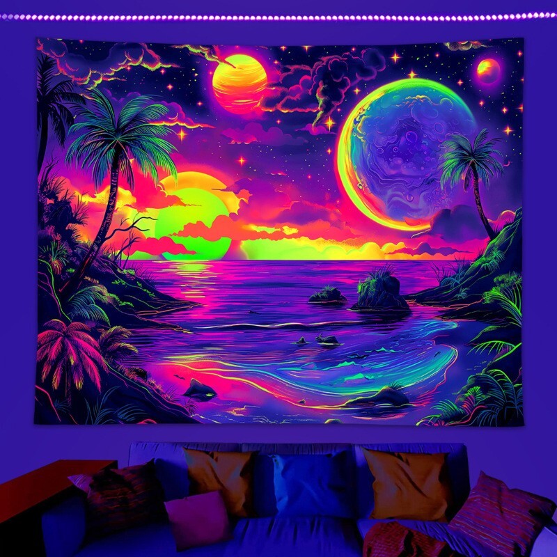 Blacklight Galaxy Tapestry Sun Sea UV Reactive Nature Wall Hanging Home Decor