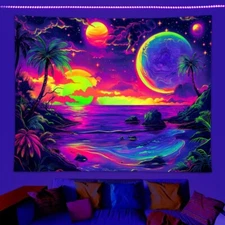 Blacklight Galaxy Tapestry Sun Sea UV Reactive Nature Wall Hanging Home Decor