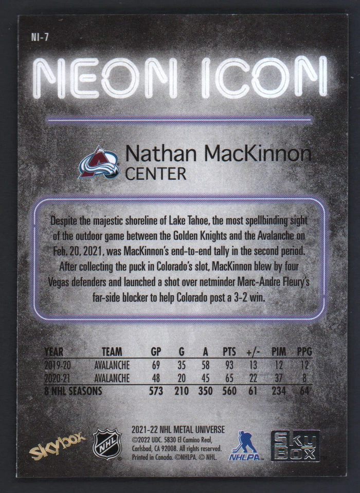2021-22 UD Skybox Metal Universe Neon Icon Insert #NI-7 Nathan MacKinnon - Image 2 of 2