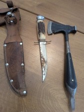 Vintage German DGM 5664-87 Combo Hatchet Tool w/Solingen Knife in Leather Sheath
