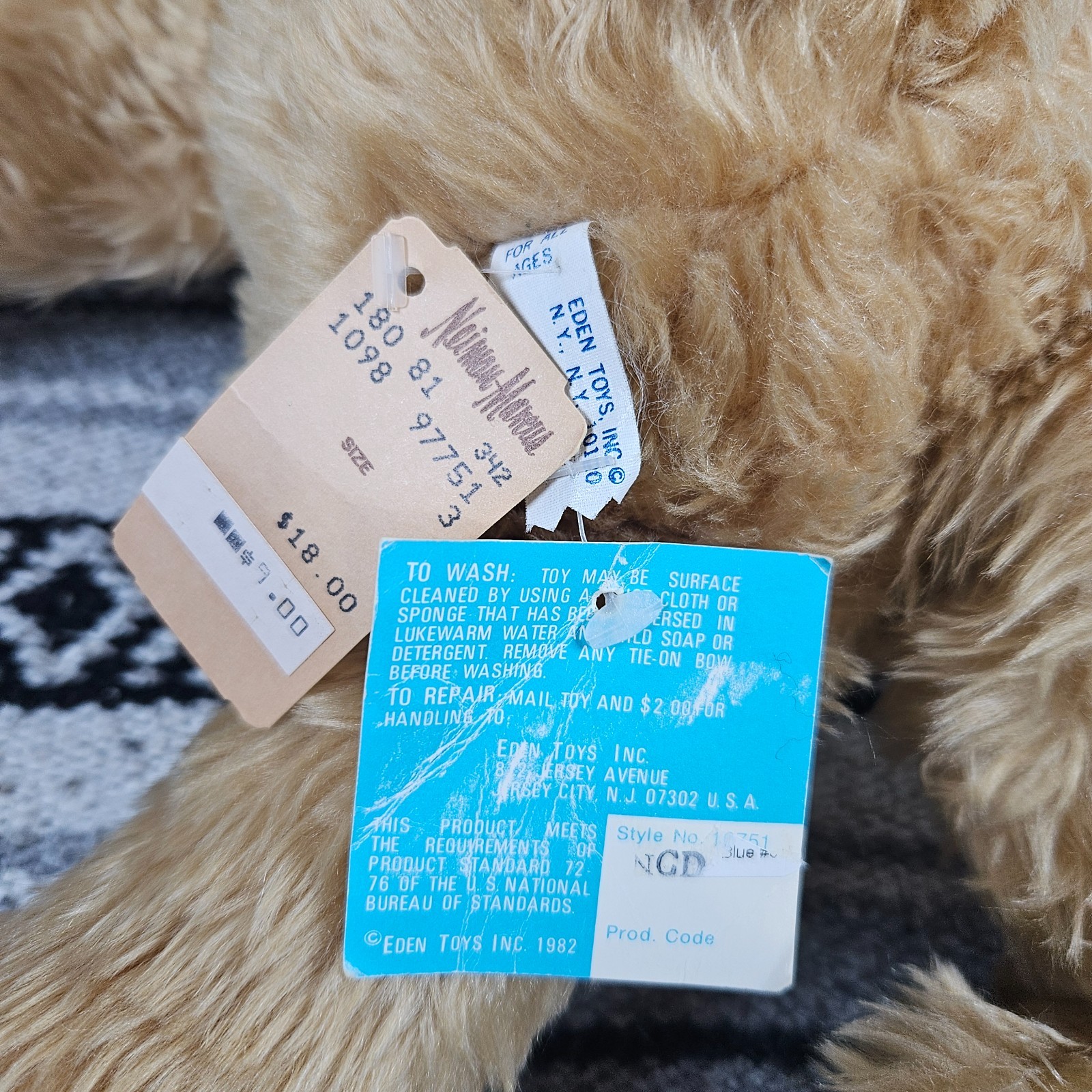 Vtg 1982 Eden Toys Bear Plush 22" Neiman Marcus Tags Sweet Eyes New Classic